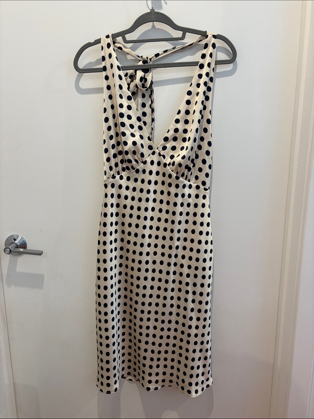 Satin Polka Dot V-Neck mini Dress in Ivory and Navy